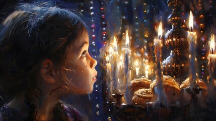 Child girl Looking at Menorah Candles on wooden table and sufganiyot on background light glitter bokeh overlay. Hanukkah jewish holiday Israel hebrew traditional family celebration invitation design. 
