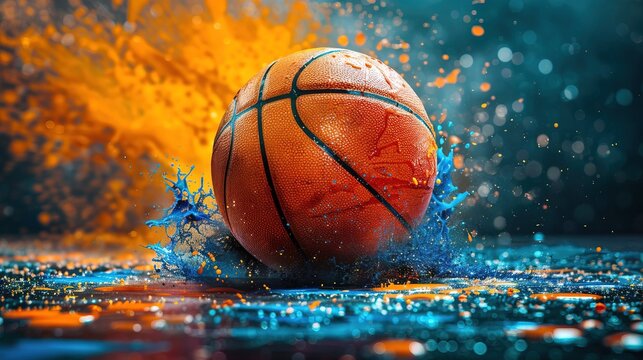 Basketball ball with colorful splashes, minimalist fun basketball poster, school friendly match, street basketball event invitation