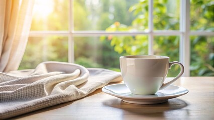 Fototapeta premium Elegant white coffee mug stands on a beautifully draped tablecloth near a bright window, waiting to be filled with morning joe, perfect for design mockups.