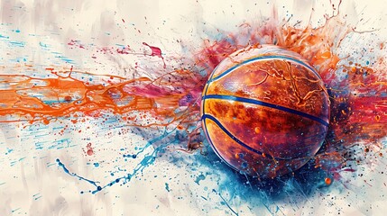 Basketball ball with colorful splashes, minimalist fun basketball poster, school friendly match, street basketball event invitation