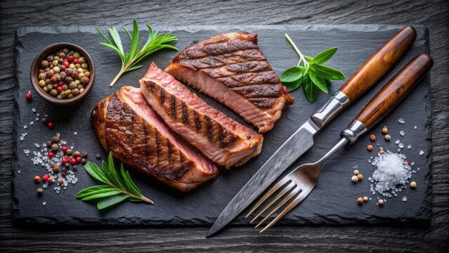 Savory chulet&Atilde;&sup3;n de carne de buey steak rests on a black slate board, accompanied by two knives and a fork, seasoned and ready for consumption.