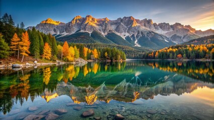 Obraz premium Serene autumn evening scene at eibsee lake, bavaria, germany, featuring steep zugspitze mountains mirrored in calm lake waters, bathed in warm golden light.