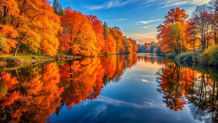 Vibrant orange foliage lines serene riverside woods, juxtaposed with tranquil blue water reflecting warm sunrise hues, in an idyllic autumn panorama.