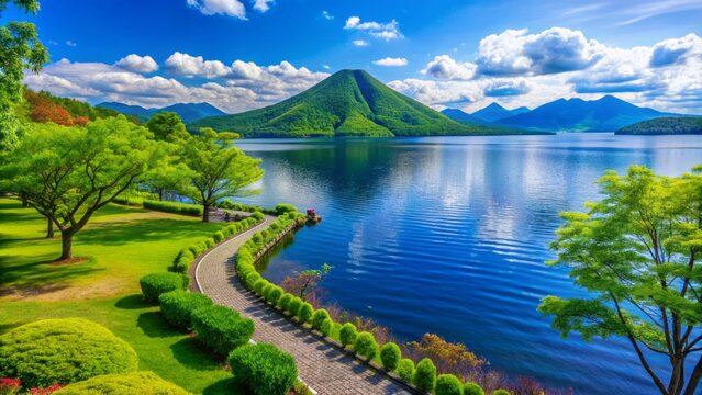 Serene landscape of ukimido park in lake toya, hokkaido, featuring vibrant greenery, tranquil waters, and majestic mountains under a clear blue sky.