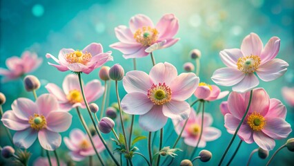 Softly focused, delicate pink anemones bloom against a serene turquoise backdrop, capturing the ethereal beauty of nature in a dreamy, intimate summer portrait.