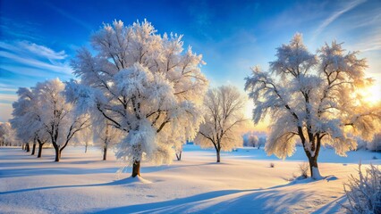 Fototapeta premium Spare, frosty trees stand tall amidst a serene winter wonderland, enveloped in a gentle cascade of snowflakes, blanketing the landscape in icy silence.