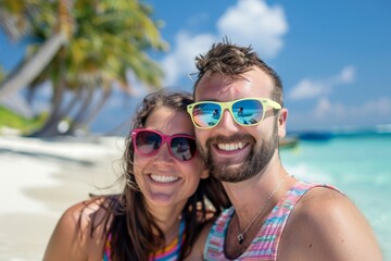 Fototapeta premium A beautiful and happy couple wears colorful sunglasses on Palm Beach in the Maldives