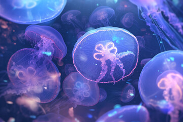 Fantasy aesthetic illustration. Elf jellyfish and stars in the seabed. Concept illustration.