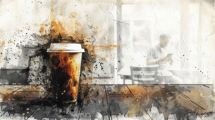 Artistic coffee cup with splattered paint effect in a modern cafe setting, with a customer in the background reading.