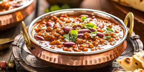 Traditional Indian home setting with Rajma kidney bean curry in copper bowl. Concept Indian Cuisine, Home Cooking, Traditional Setting, Food Styling, Copper Utensils