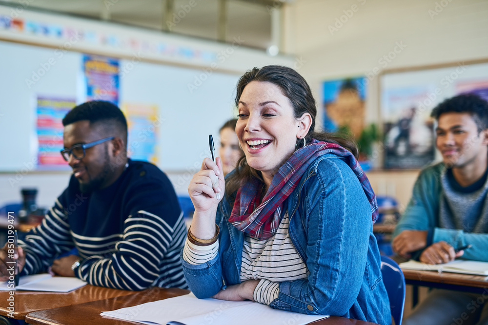 Leinwandbilder student, idea and happy woman in university with solution for education and exam in classroom. think
