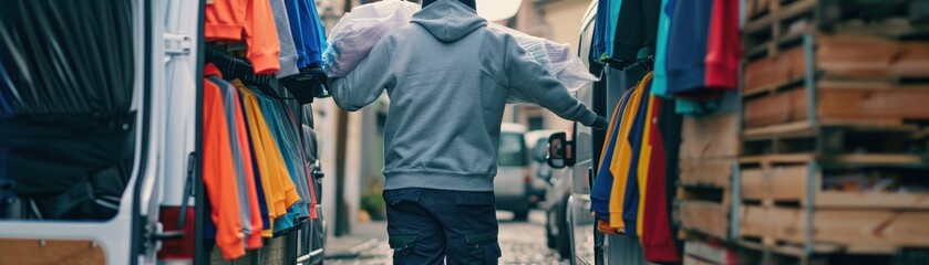 A person unloading poly bags filled with tee shirts 