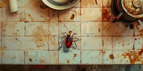 Extreme close-up of a cockroach in a filthy kitchen. Concept Macro Photography, Insects, Gross, Home Environment, Dirty Kitchen