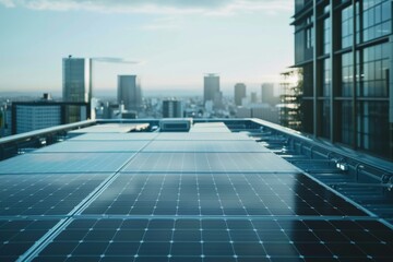 Rooftop Solar Panels in Sunlight: Showcasing Green Energy Infrastructure, Wallpaper, banner design, brochure, web, background template, concept of sustainability, counter urbanization, de-urbanization