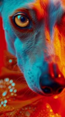 A blue whippet with golden eyes is wearing an artistic look of orange, red and blue. The makeup around her eyes.