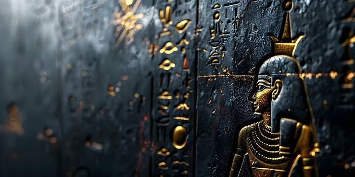 Ancient Egyptian hieroglyphs on black wall. Concept Ancient Egypt, Hieroglyphs, Wall Art, History, Egyptian Culture