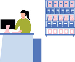 The girl is standing at the reception desk.