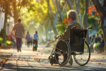 Elderly man in wheelchair enjoying a sunny autumn day in the park