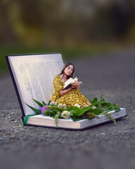 The Book of Life.  A Miniature World. A woman sits and reads a book in a world made of paper.