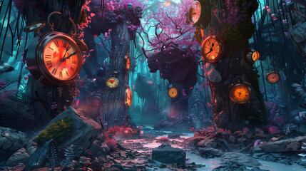 Obraz premium surreal landscape with hanging melting clocks in a mystical forest