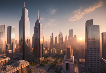A breathtaking futuristic city view from above with tall modern buildings, illuminated by the setting sun on the horizon.