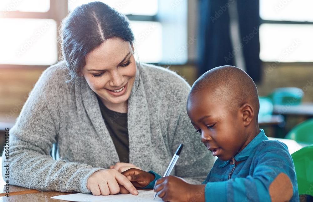 Poster happy teacher, woman and help child writing in notebook for education, studying or knowledge in clas