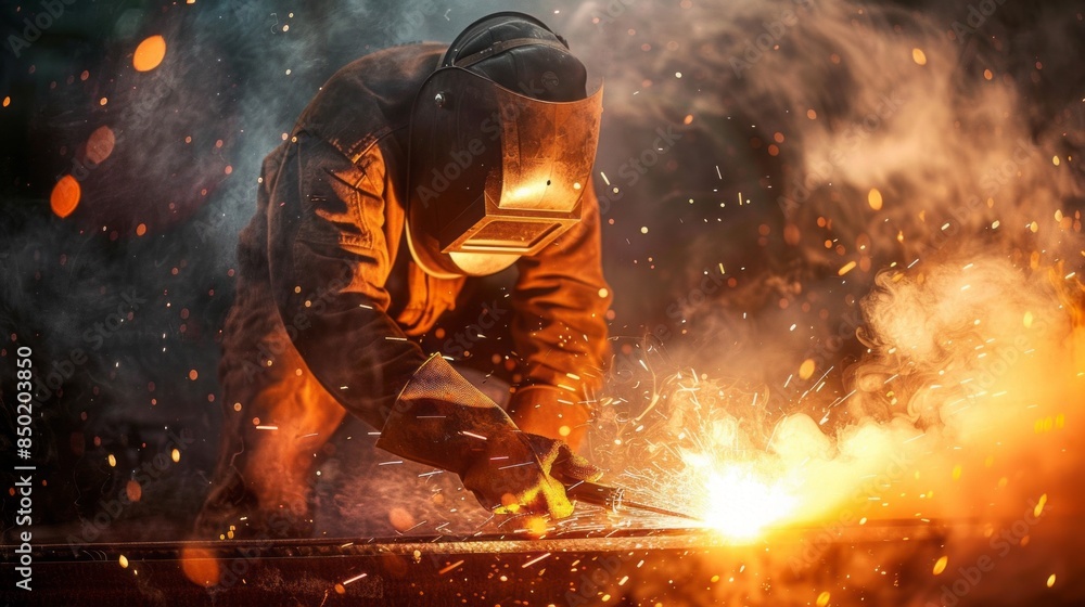 Aufkleber a man in a protective suit is working with a welding torch