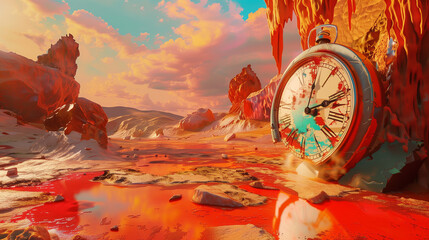 melting clock in a fantastical desert setting with pink clouds and rocky terrain