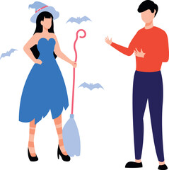 The boy is explaining the role of a witch to the girl.