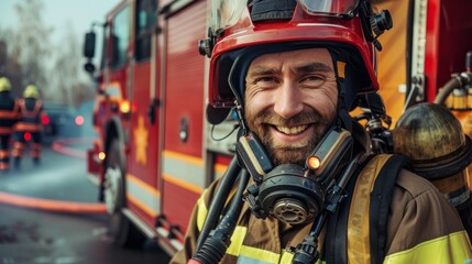 Fototapeta premium A smiling firefighter poses in front of a fire truck