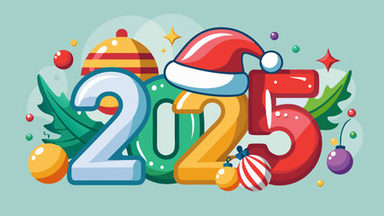 Bright '2025' with Christmas decorations on a light blue background. Cheerful '2025' illustration featuring holiday elements for festive celebrations, post card, greeting card design
