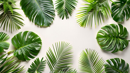 Tropical leaves on white background, top view, graphic poster PPT background