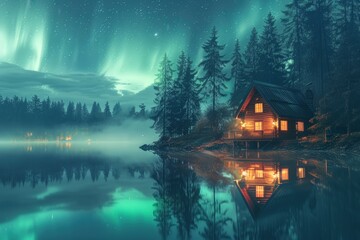 Obraz premium Cozy cabin illuminated under the Northern Lights, reflecting in a serene lake surrounded by dense pine forest, creating a magical night scene.