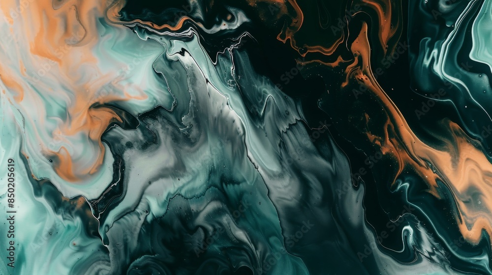 Poster abstract fluid art with swirling green, black, and orange colors, creating a captivating and dynamic