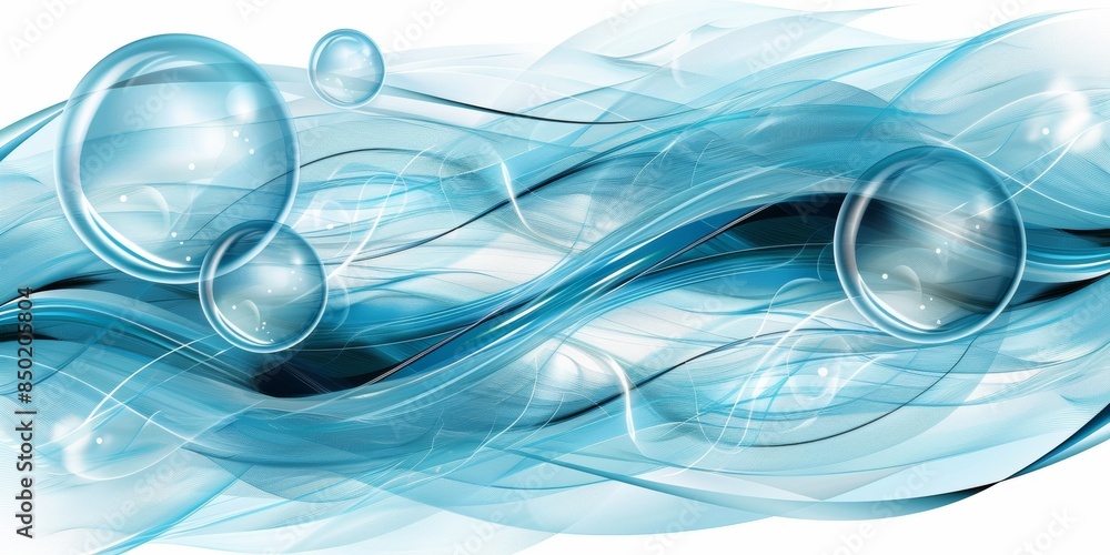Aufkleber Dynamic abstract waves and bubbles in blue, depicting fluid motion and refreshing purity in a smooth and elegant design, Generative AI