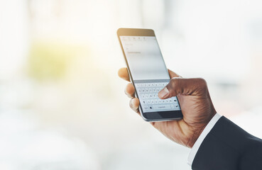 Business person, hands and typing with phone screen for communication, research or notes at office. Closeup of employee texting, browsing or chatting on mobile smartphone display for app or website