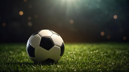 Soccer ball on green grass background, football background.