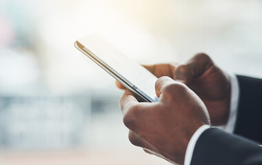Person, hands and typing with phone for communication, research or online browsing at office. Closeup of business employee texting or chatting on mobile smartphone for app, news or social media