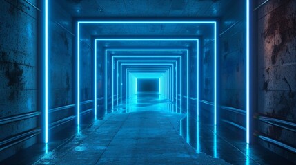 Fototapeta premium Futuristic neon-lit tunnel with glowing blue lights, creating a modern and sci-fi ambiance perfect for technology and innovation concepts.