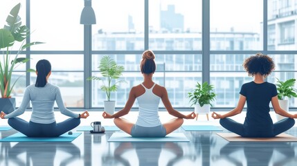 Fototapeta premium Three women practicing yoga in a modern studio with large windows and plants, focusing on meditation and relaxation.