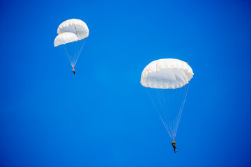Skydiving. Flying parachutists against the background of the blue sky and mountains. Extreme sport and entertainment.