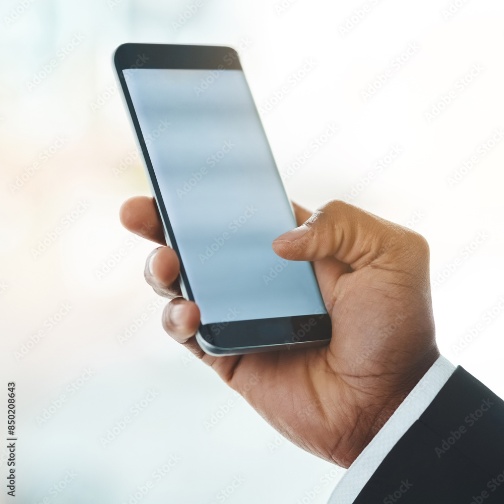Poster business person, hands and scrolling with phone screen for communication, research or news at office