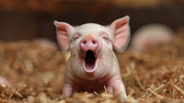 Little cute piglet yawning widely, showing his pink mouth and sharp white teeth