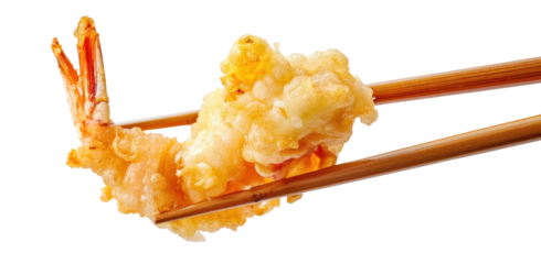 chopsticks holding fried shrimp isolated on a transparent background