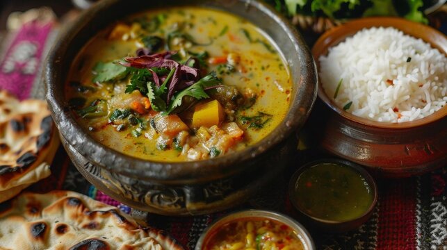 Nepali national dish Dal Bhat lentil soup rice vegetables pickles