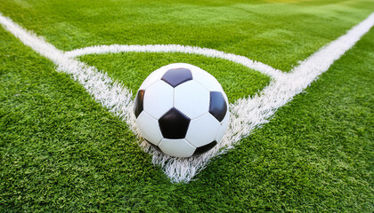 Fototapeta premium Soccer Football on Corner kick line of ball and a soccer field , football field, close-up