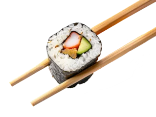Fotobehang chopsticks holding sushi isolated on a transparent background © PNG Land