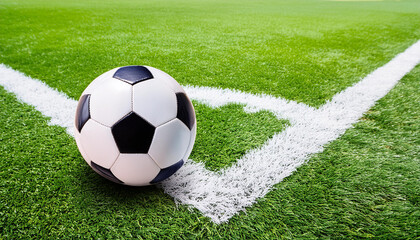 Soccer Football on Corner kick line of ball and a soccer field , football field, close-up