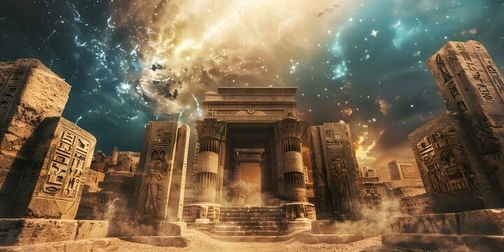 Babylonian buildings with electromagnetic energy open portals to other dimensions in the sky. Concept Paranormal Architecture, Ancient Mysteries, Interdimensional Portals, Supernatural Energy