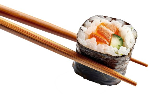 chopsticks holding sushi isolated on a transparent background